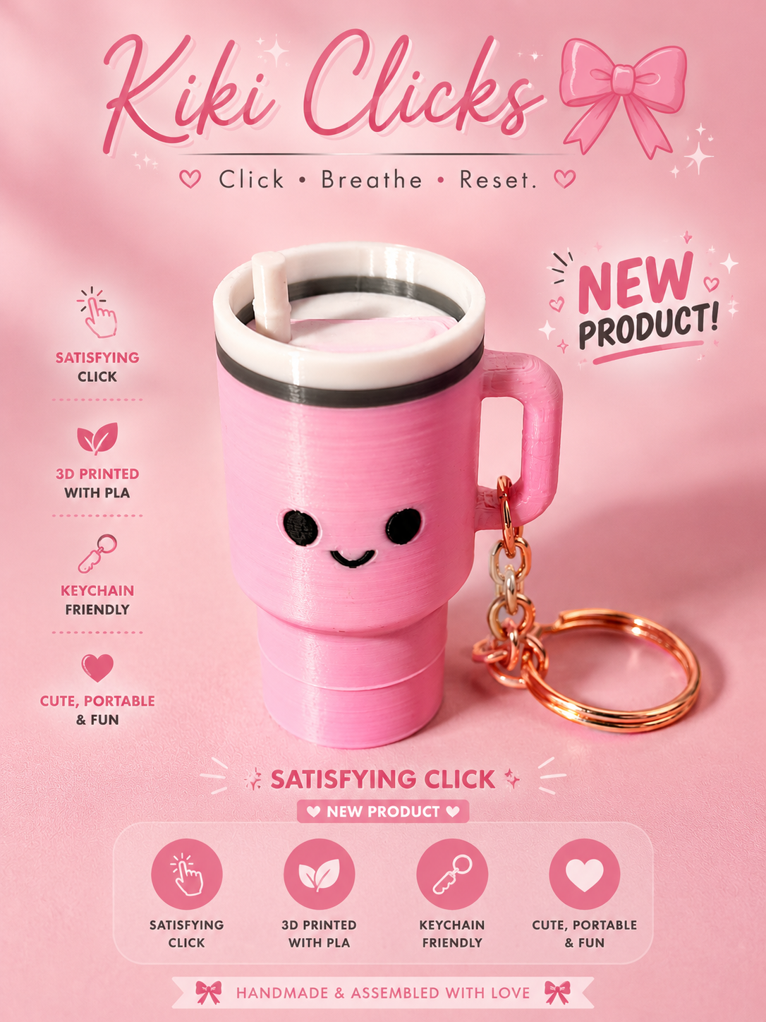 Pink Tumbler Clicker Keychain | Satisfying 3D Printed Fidget